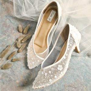 Bridal White Embellished Low Heel Pumps